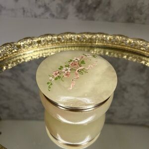 Vintage Italian Alabaster Trinket Box/Hand-Painted Floral Design Vanity Jar